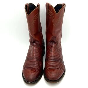 Vintage Justin Men 10 D Lizard Skin Western Cowboy Boots Cognac Brown Round Toe